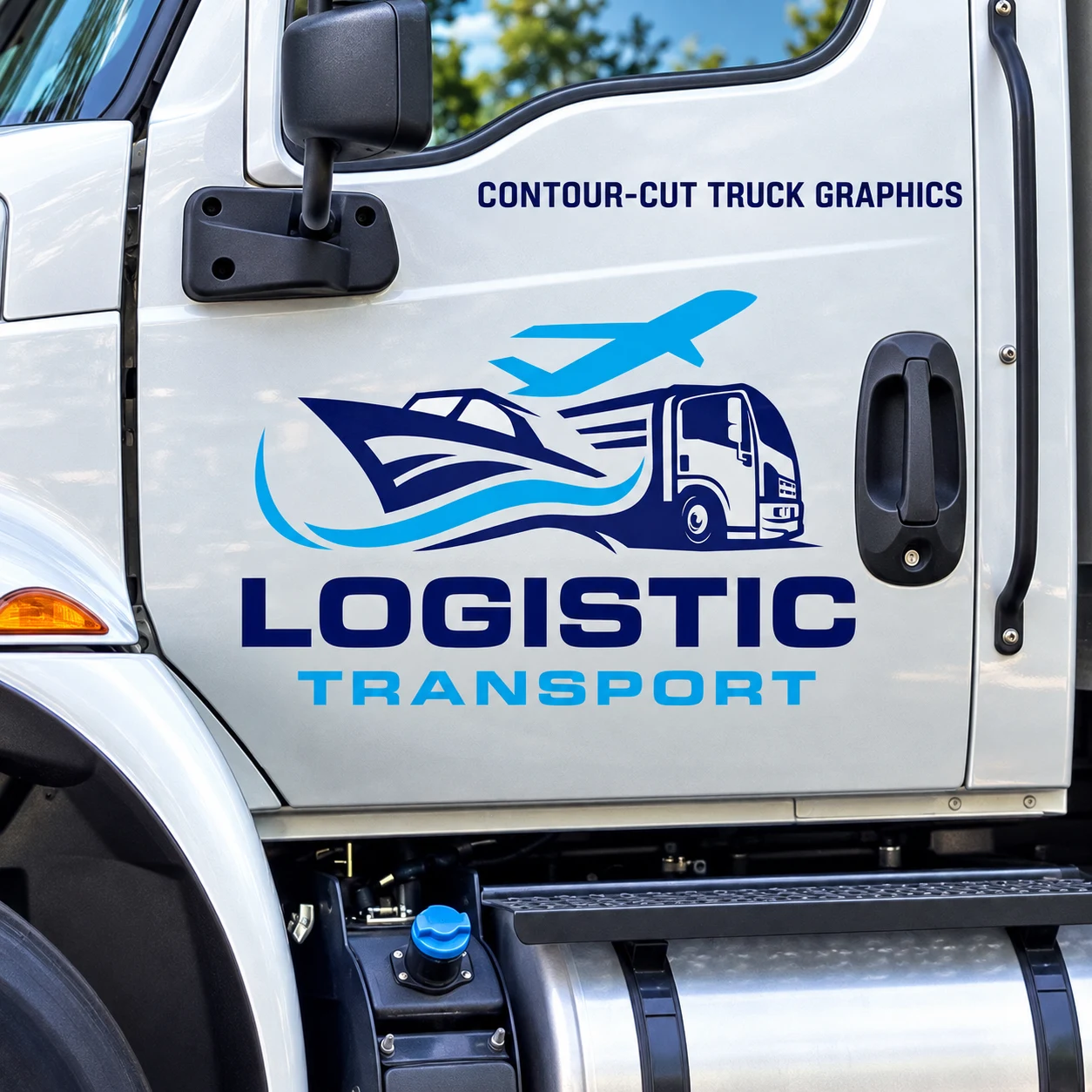 Contour-cut navy and blue truck logo and lettering with no background