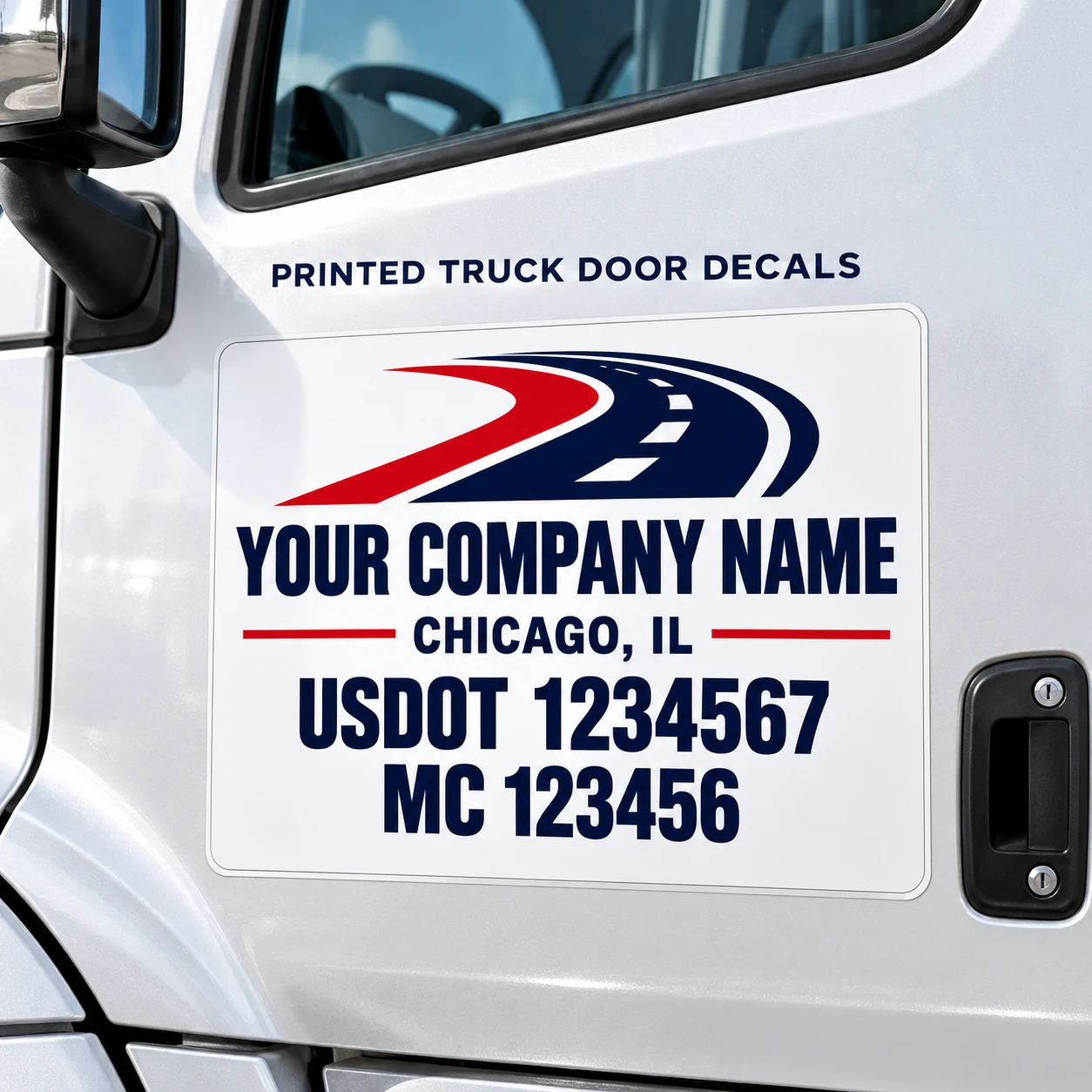 Printed rectangular truck door decal with white background, company logo and USDOT MC numbers