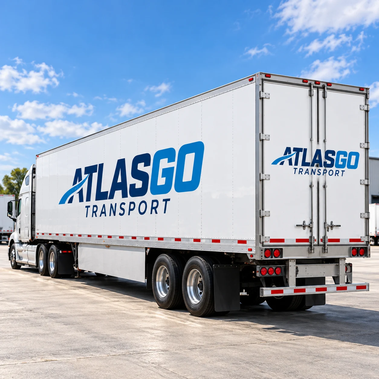 Trailer graphics mockup showing blue company logo on a white trailer side and rear doors