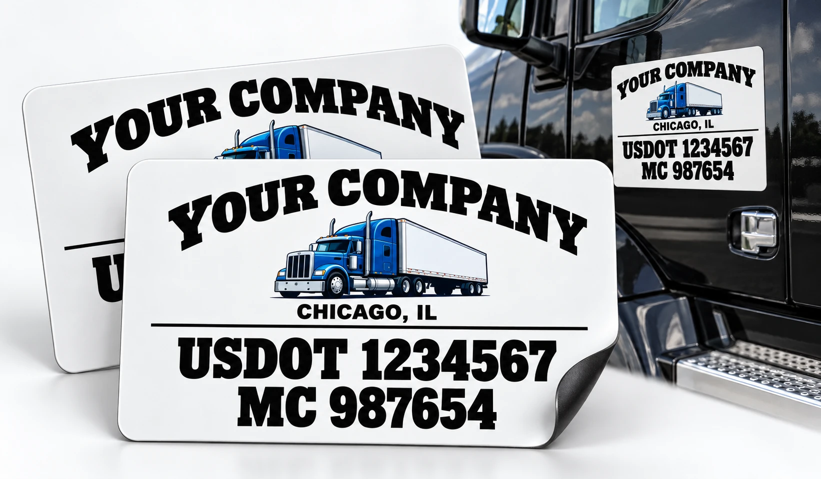 Set of two custom truck door magnets with company name and USDOT MC numbers, shown on a semi truck door