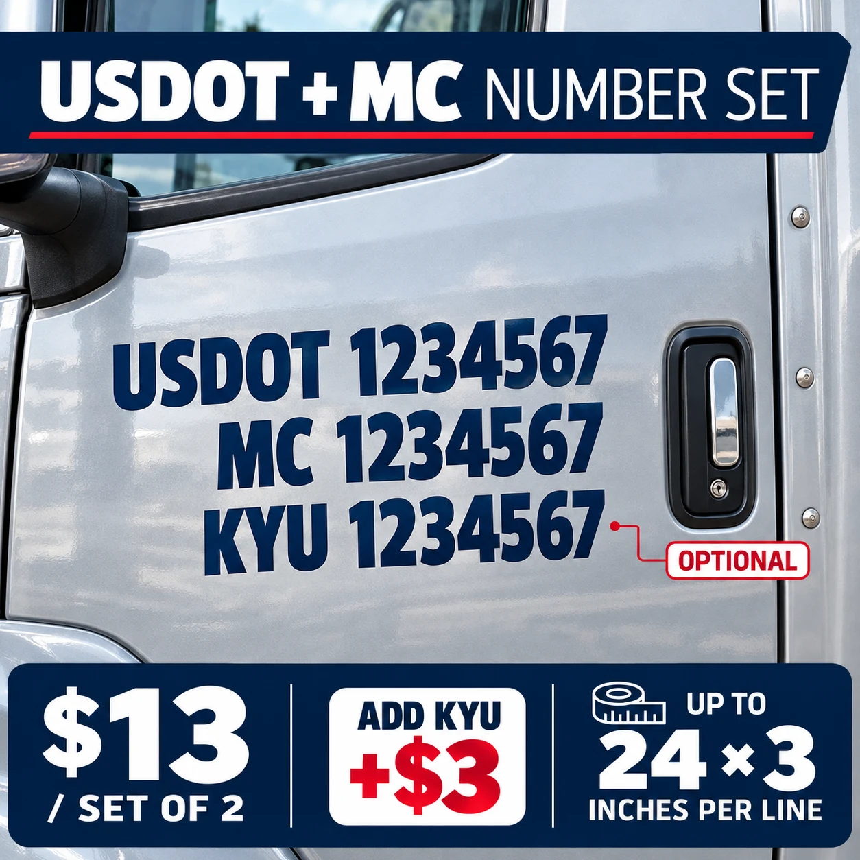 USDOT and MC cut vinyl number set for two sides at $13, optional KYU for $3, up to 24 by 3 inches per line
